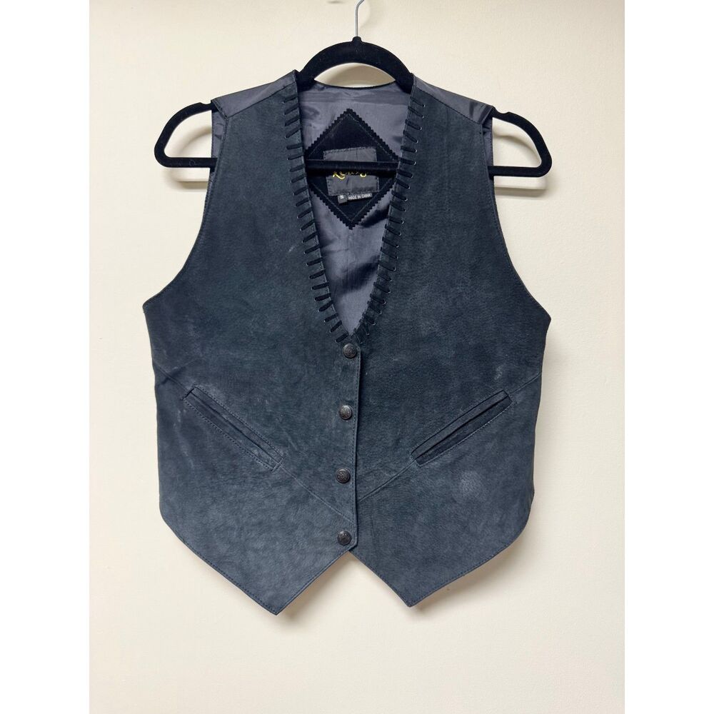 LEARSI 100% Genuine Suede Leather Snap Front Vest Whipstitch Detail, Sz S